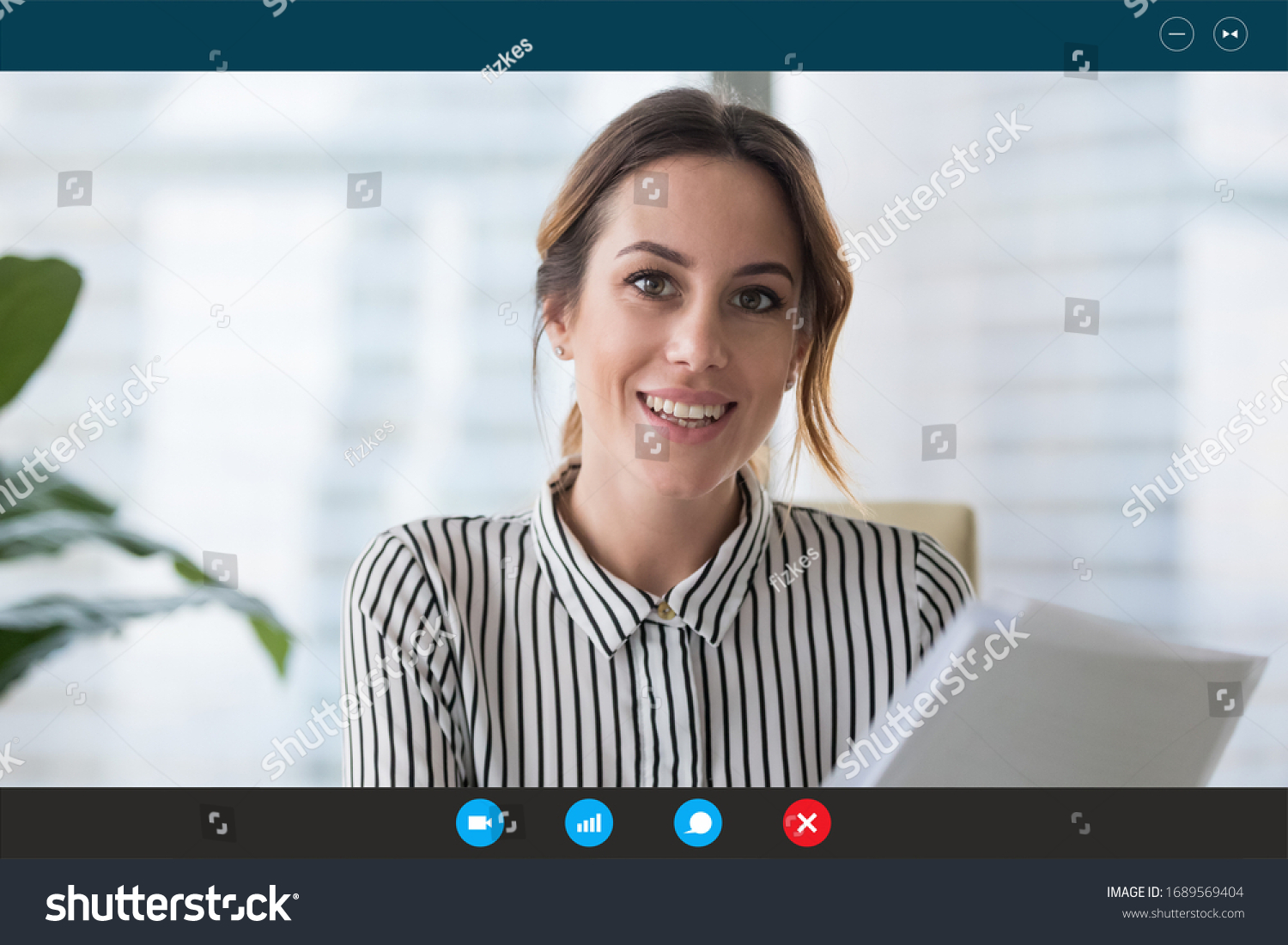 Headshot portrait screen view of young businesswoman consult client online using Webcam conference, smiling female employee speak talk on video call with partner or colleague from home office #1689569404