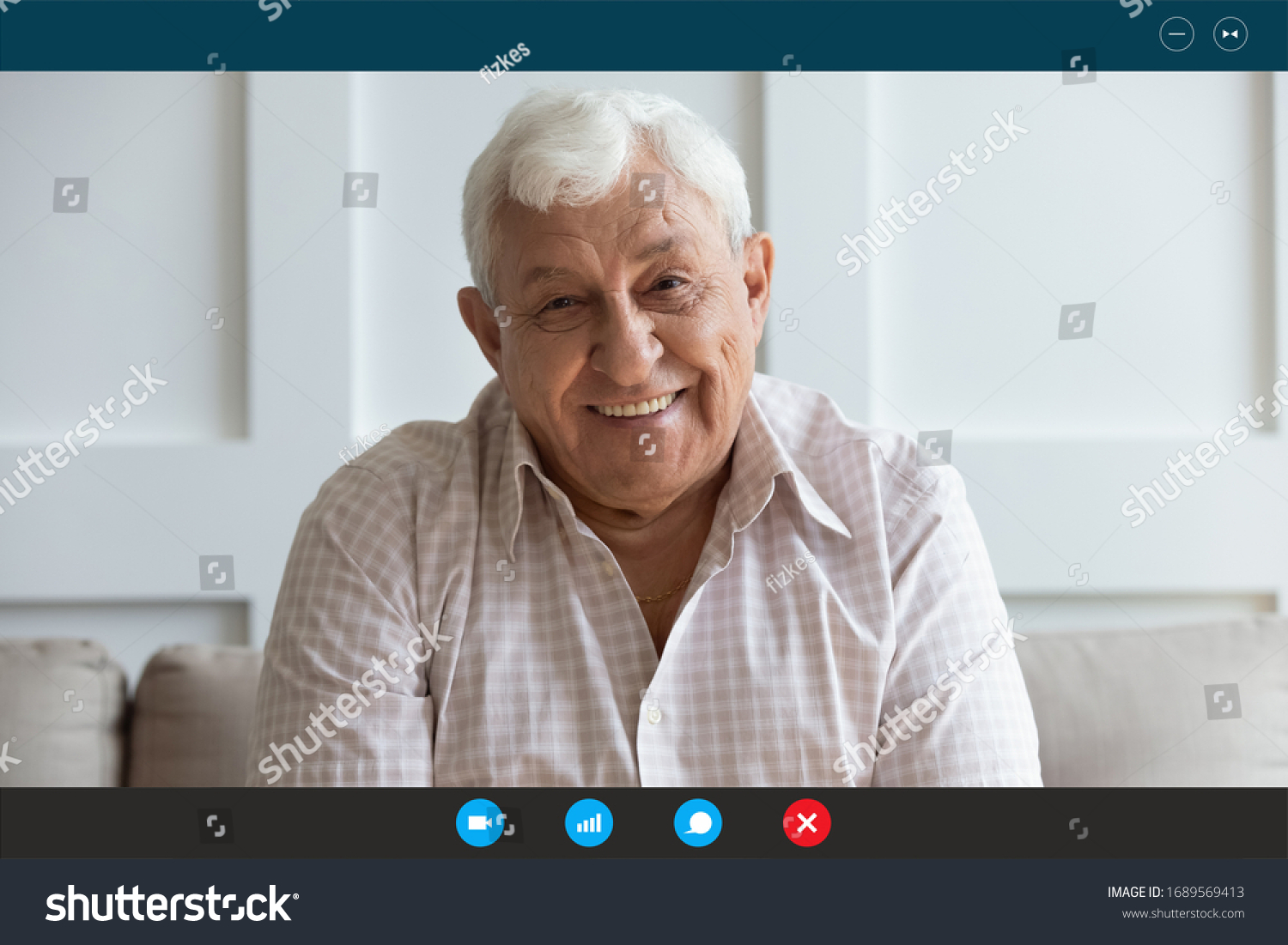 Headshot portrait screen view of smiling senior grandfather talk on video call on laptop with relatives or kids, happy elderly man speak have pleasant online Webcam conversation on computer at home #1689569413