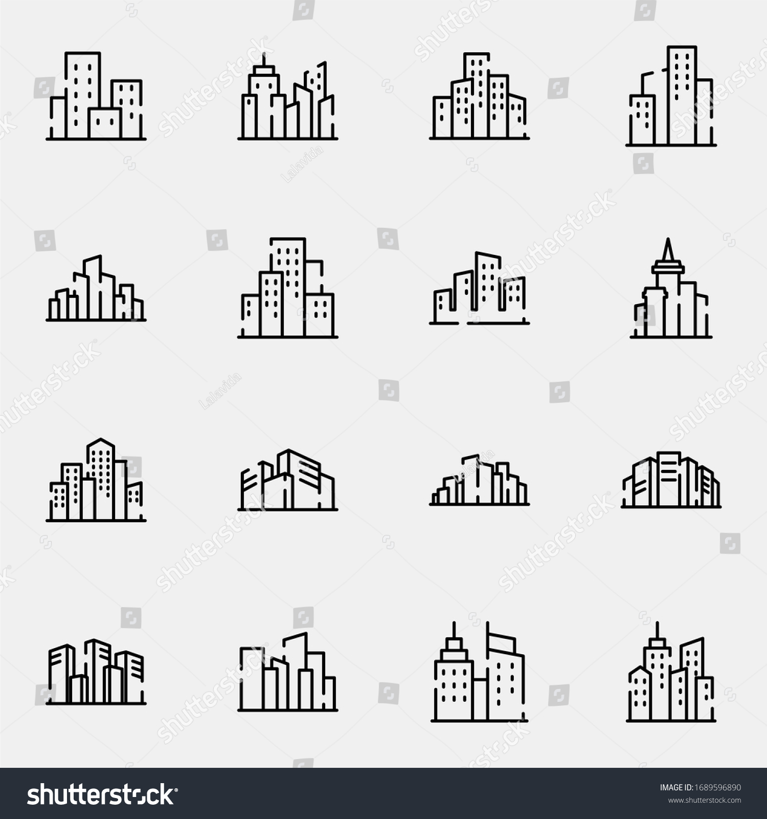 City, town, building icon set. Simple downtown, skyscraper, metropolis outline icon sign concept. vector illustration.  #1689596890