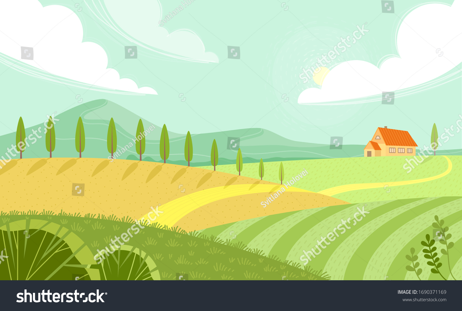 Rural landscape with sunny summer day in the village. Beautiful summer fields landscape with green hills, bright color blue sky and house. Country background. Green landscape with yellow fields.  #1690371169