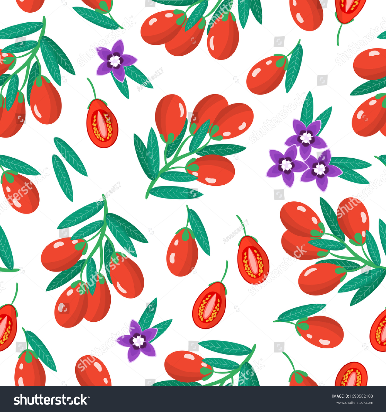 Vector cartoon seamless pattern with Lycium barbarum or Goji exotic fruits, flowers and leafs on white background for web, print, cloth texture or wallpaper #1690582108