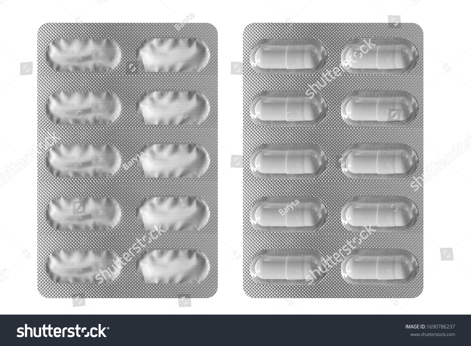 White medicine tablet in blister pack with front and back pack packaging on white background. High resolution photo have clipping path . #1690786237
