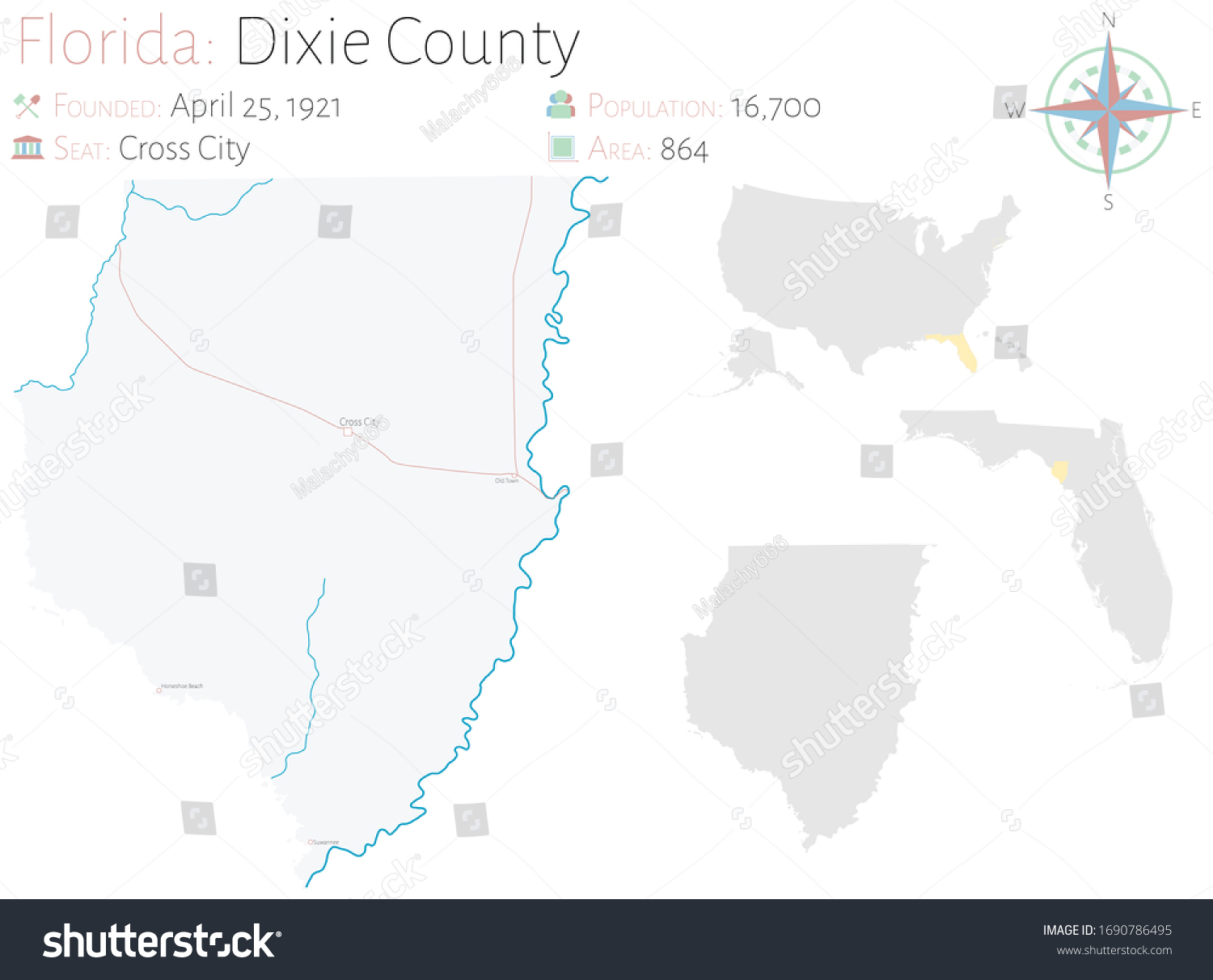 Large and detailed map of Dixie county in - Royalty Free Stock Vector ...