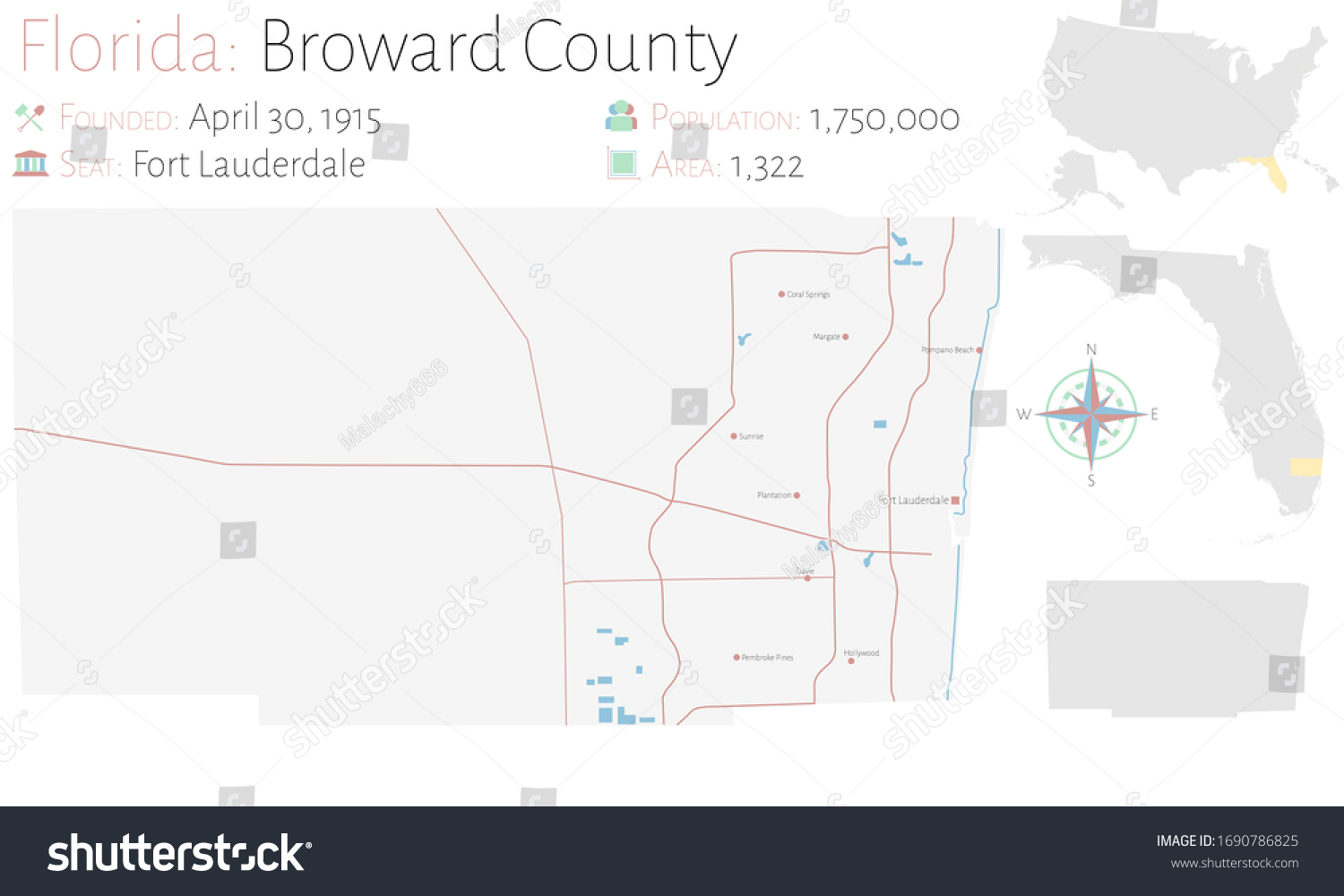 Large and detailed map of Broward county in - Royalty Free Stock Vector 