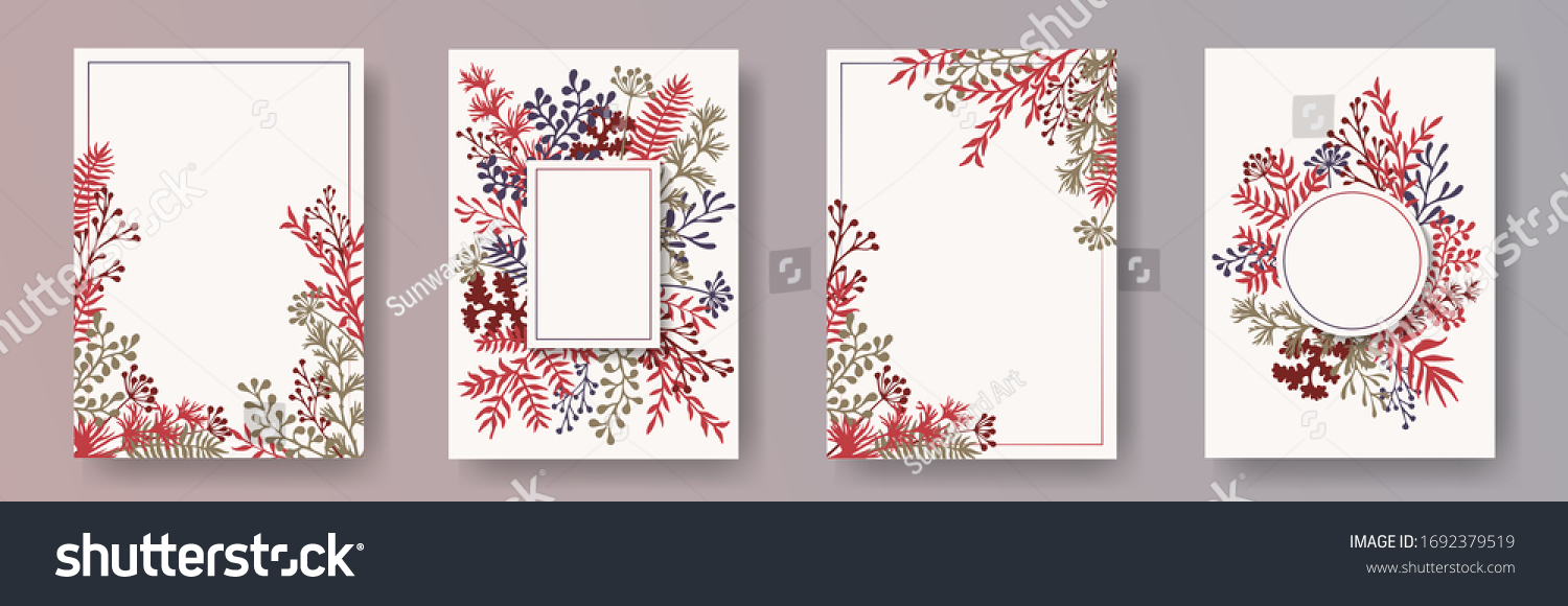 Tropical herb twigs, tree branches, flowers floral invitation cards set. Herbal corners romantic cards design with dandelion flowers, fern, lichen, olive tree leaves, savory twigs. #1692379519