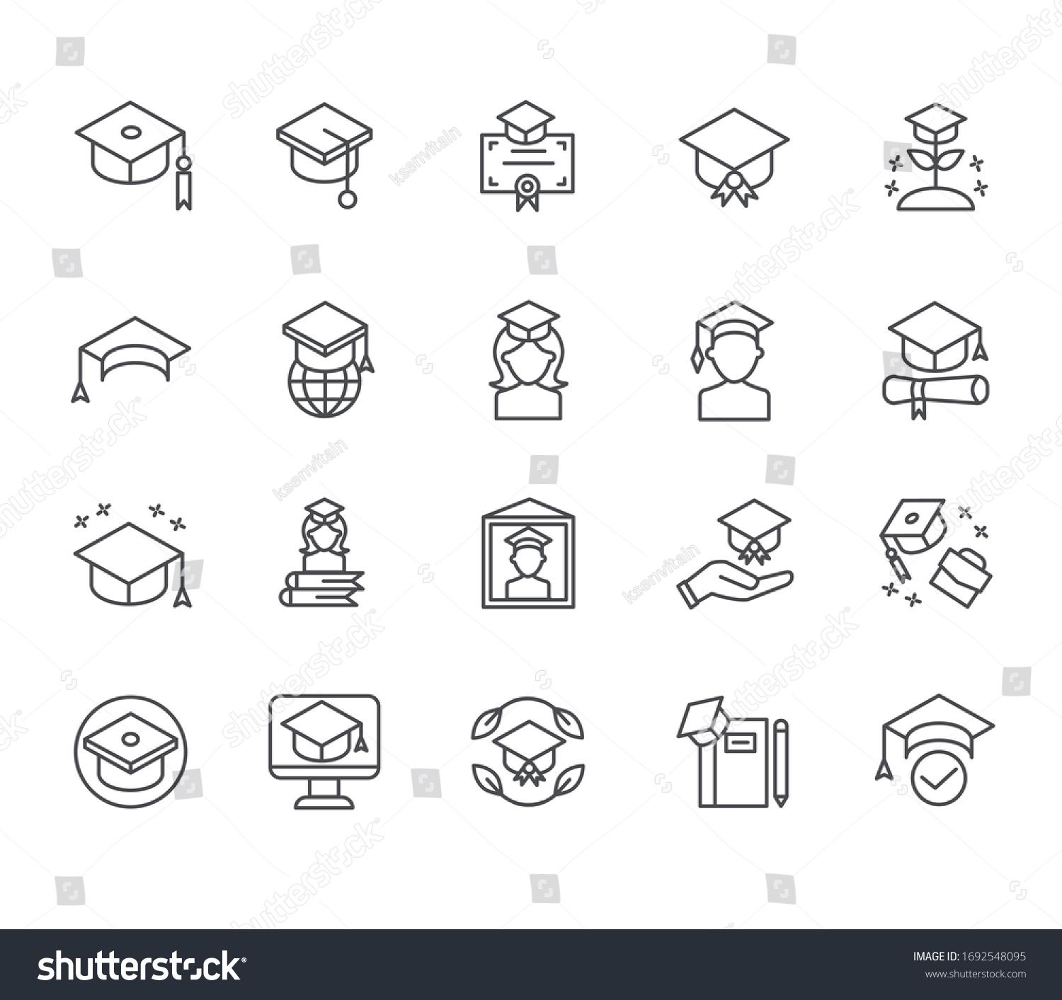 Set of graduation cap Related Vector Line Icons. Includes such Icons as University, master's degree, student, diploma, science, dissertation, scientific work, knowledge and more. #1692548095