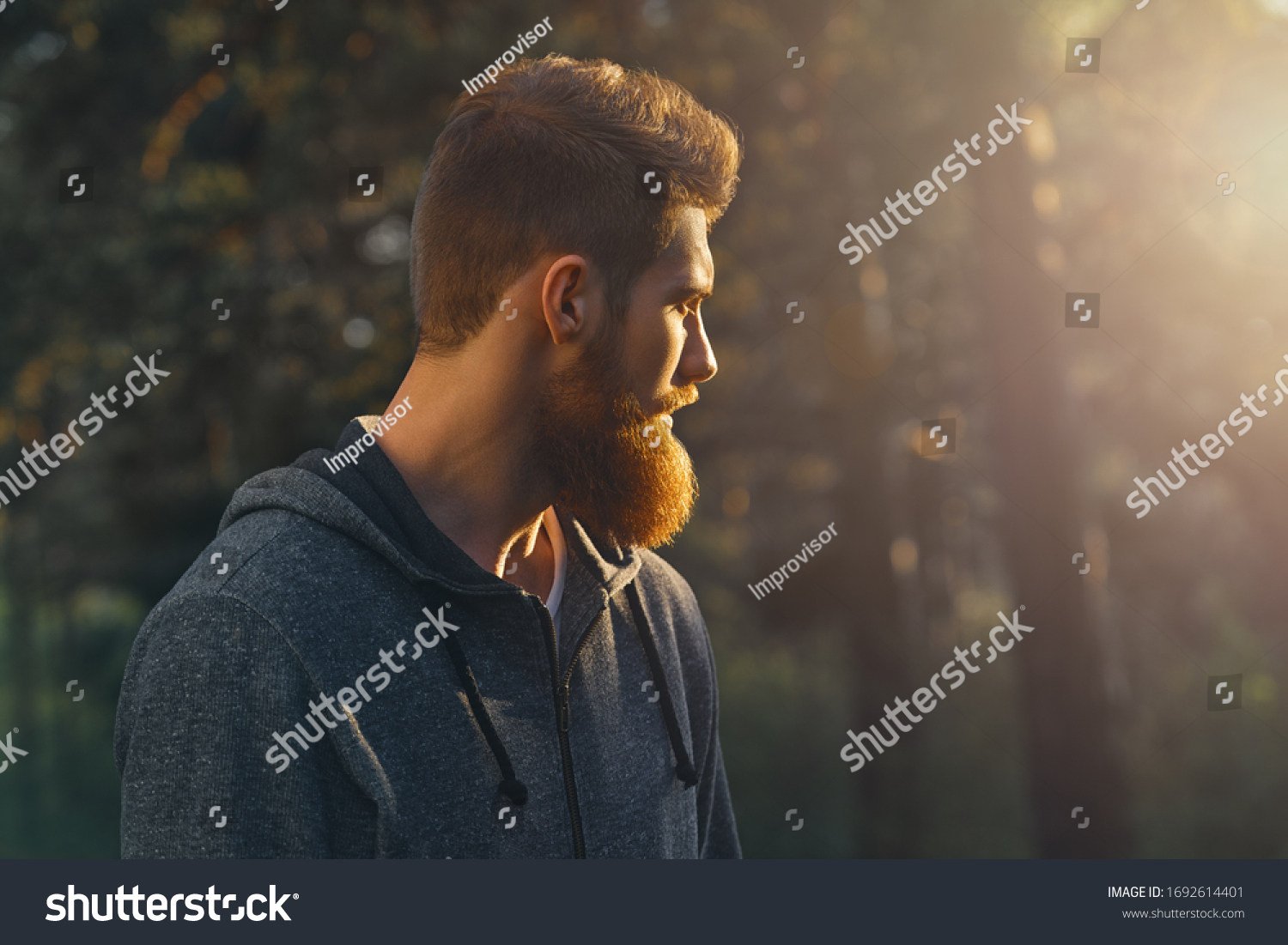 Profile young handsome serious bearded man. Hipster walking in a park. Portrait of man looking at sunrise in the forest Copy free space for advertising #1692614401