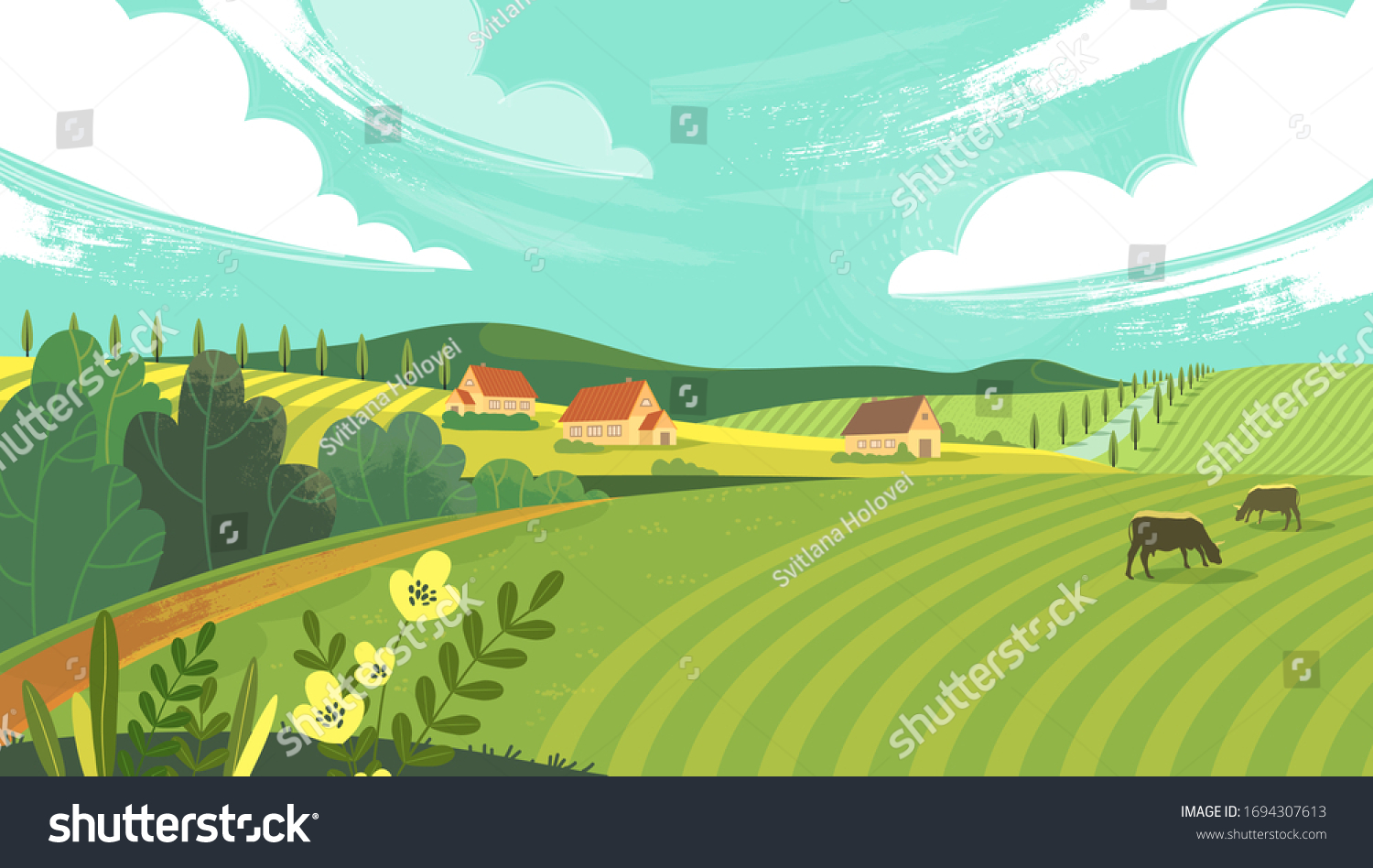 Rural landscape with field, trees, grass and cows. Ecologically clean area with blue sky and clouds. Village in the summer. Vector stock flat style illustration or background for eco products, banner. #1694307613