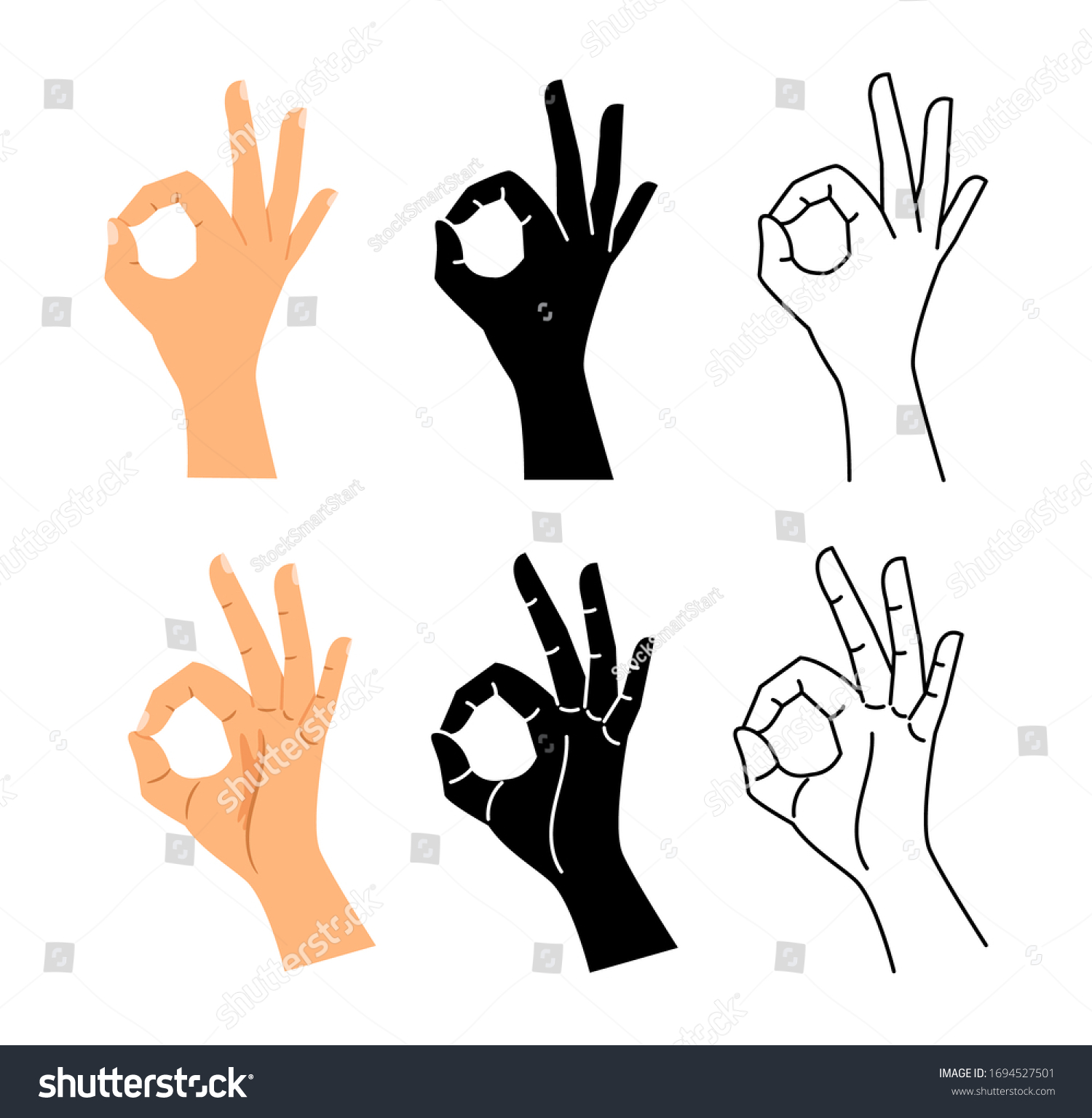 Hand gesture. Ok hand sign illustration. Isolated Okay, agree or perfect black line symbol vector set #1694527501