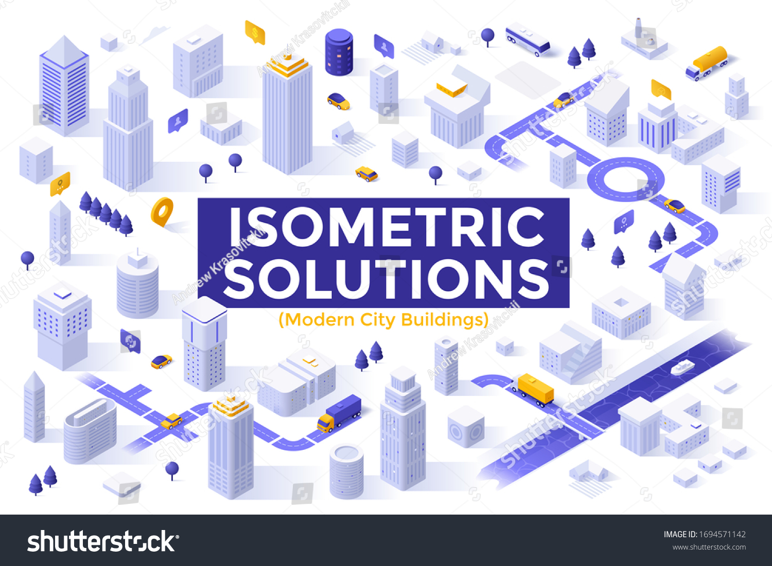 Bundle of megapolis city buildings, downtown skyscrapers, suburban houses. Set of isometric design elements or objects isolated on white background. Modern vector illustration for map construction. #1694571142