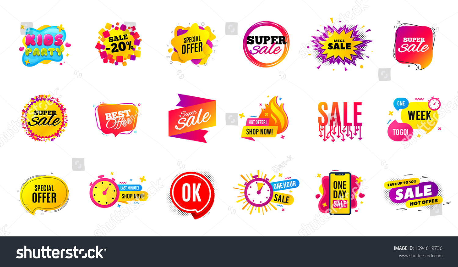 Sale offer banner. Discounts price tags. Coupon promotion templates. Black friday shopping icons. Cyber monday sale banner. Best offer badge. Price discounts icons. Deal templates. Vector #1694619736