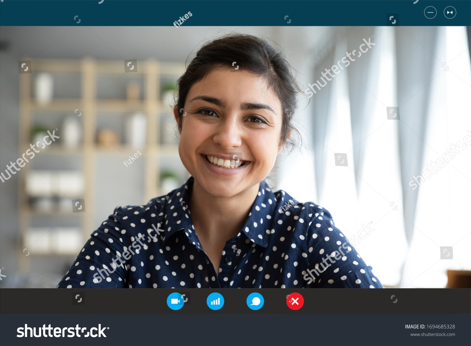 Laptop web cam view head shot of indian woman. E-date online services, video call using phone or pc, distance chat with mates common task, conversation between friends, job interview remotely concept #1694685328