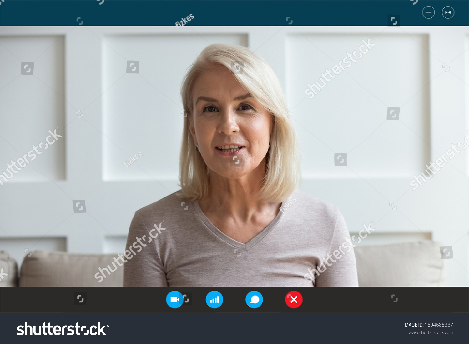 Head shot aged woman qualified psychologist looks at cam during psychological support session on-line counselling with client over telecommunication app. Chat via teleconference with relatives concept #1694685337