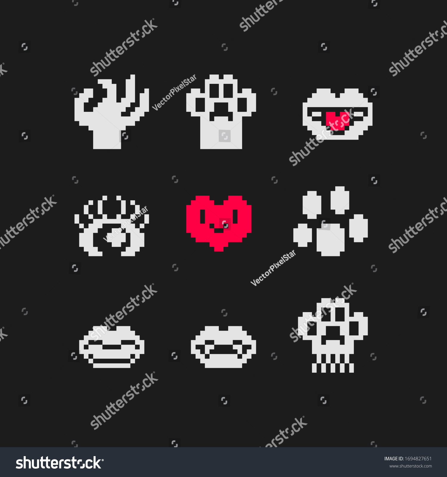 1bit Paw Lips And Arm Pixel Art Icons Set Royalty Free Stock Vector 1694827651 5787