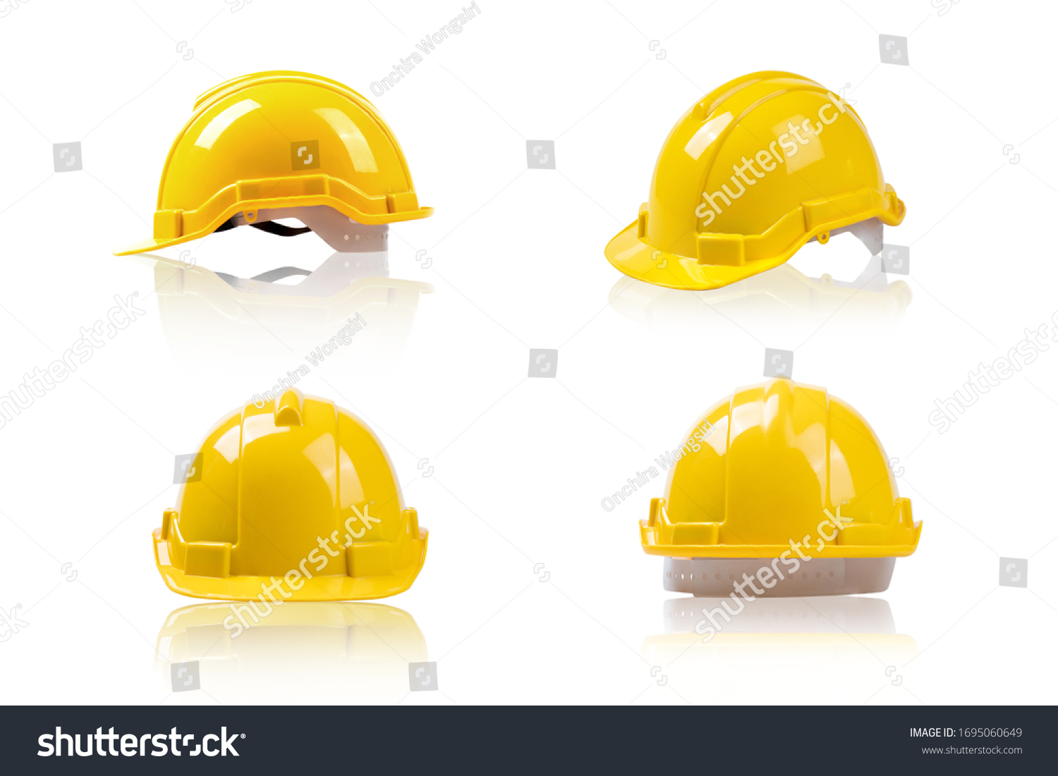 set yellow deferential helmet, construction tools for industrial safety isolated on white background   #1695060649