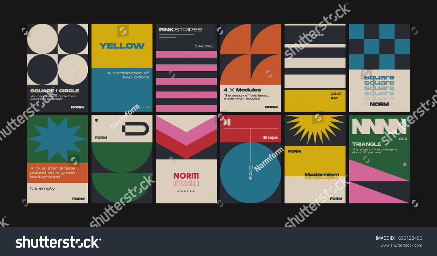 New modernism aesthetics in vector poster design cards. Brutalism inspired graphics in web template layouts made with abstract geometric shapes, useful for poster art, website headers, digital prints. #1695122455
