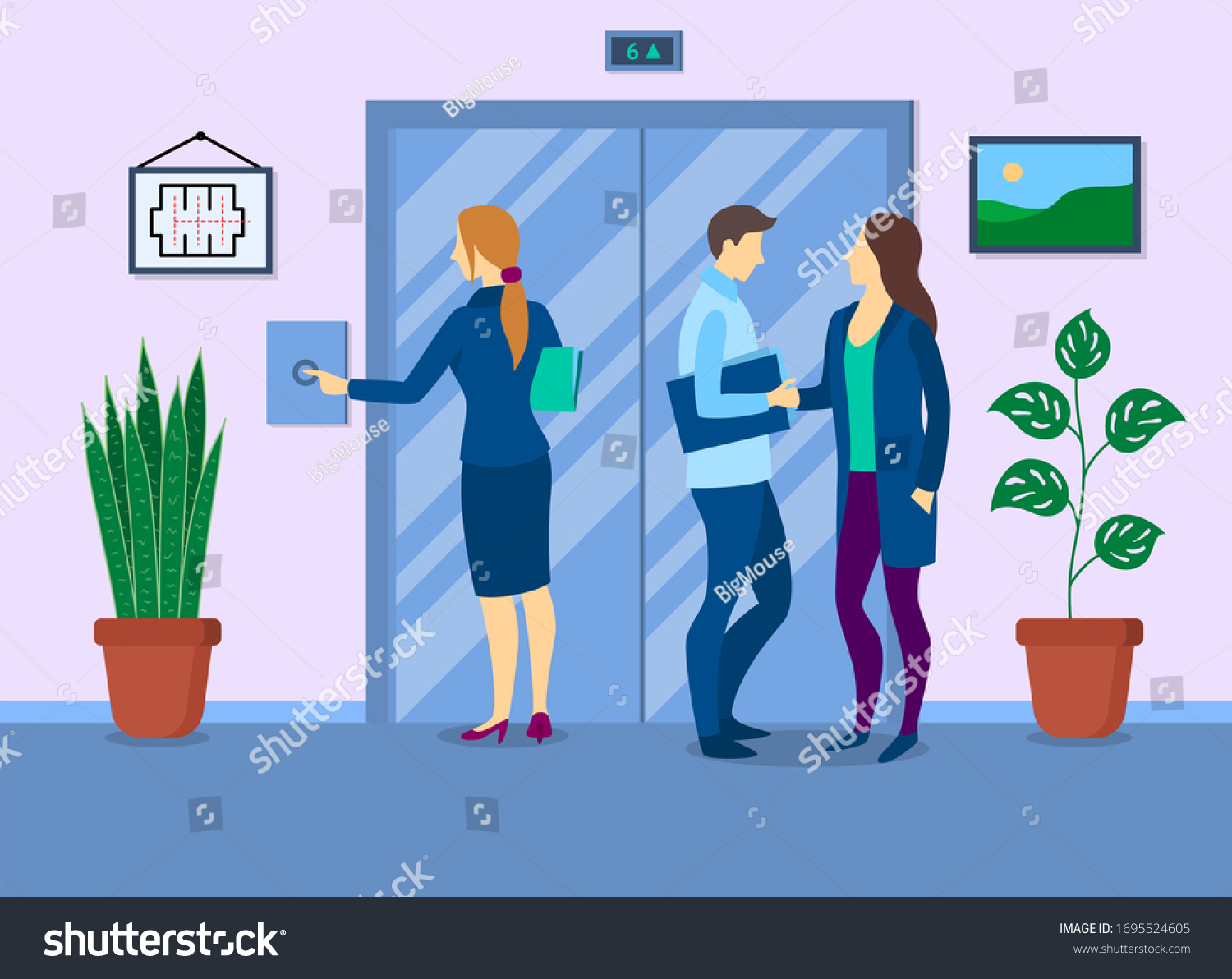 Cartoon Color Characters People and Waiting Elevator Concept Flat Design Interior Business Building. Vector illustration of Lift #1695524605