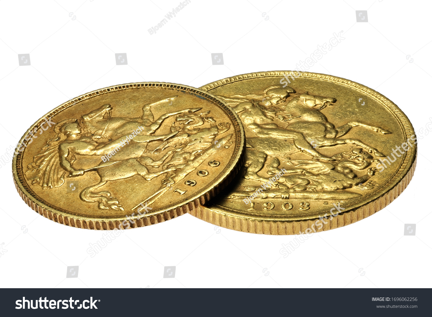 British full and half Sovereign gold coins isolated on white background #1696062256