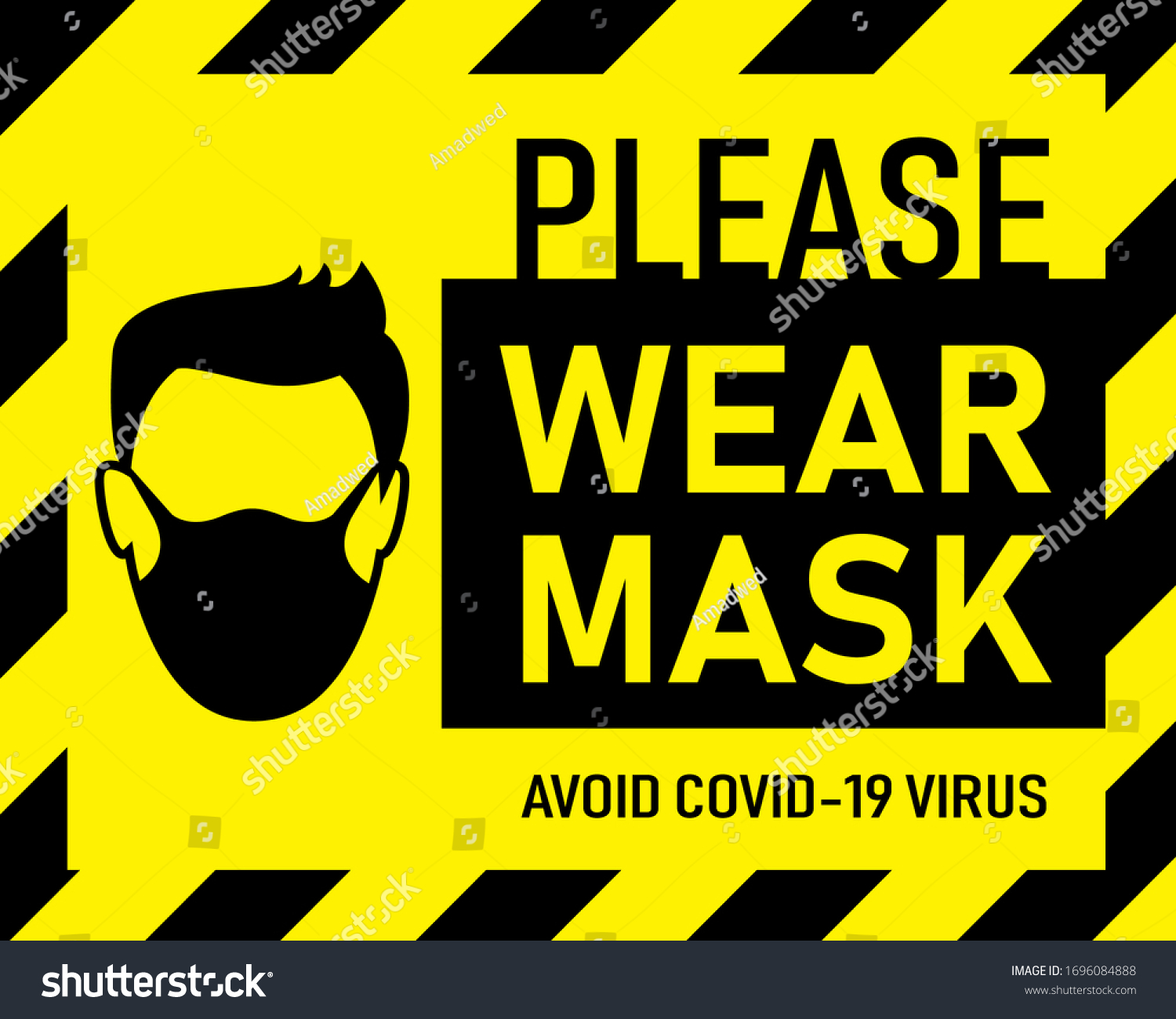 Vector attention sign, please wear mask avoid covid-19 virus black color on yellow background. warning or caution sign. #1696084888