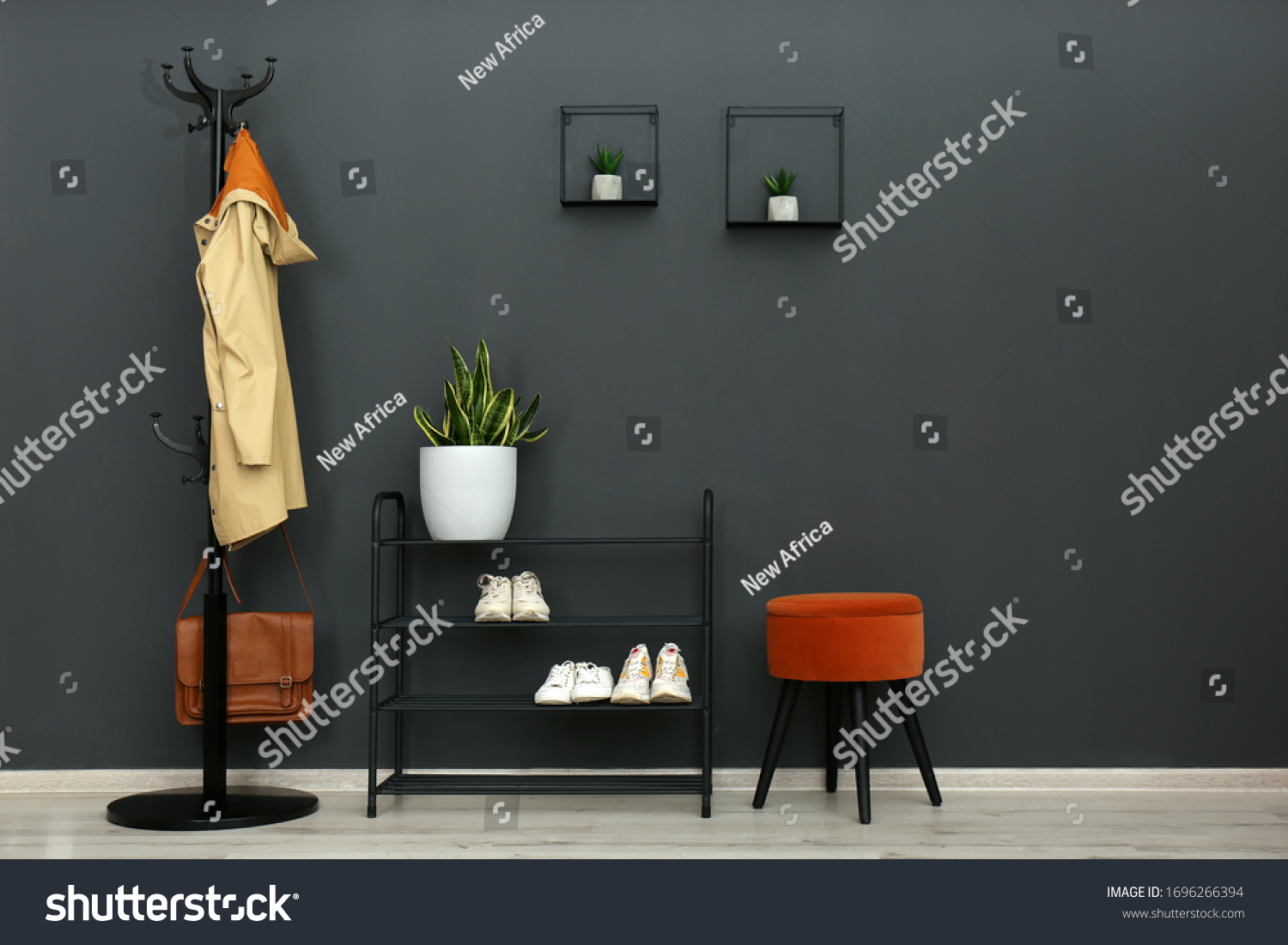 Hallway interior with stylish furniture, clothes and accessories #1696266394