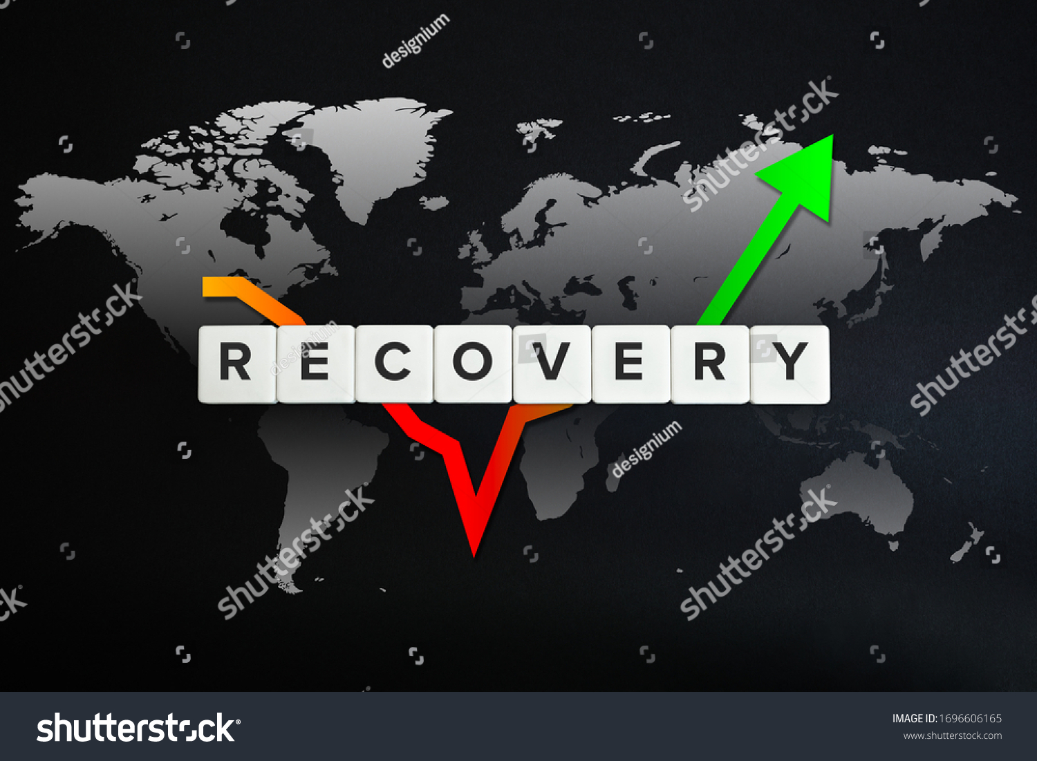 Global economy recovery concept. Financial, industrial, business and market sector comeback and upturn. Block letters, stock chart and world map on black background. #1696606165