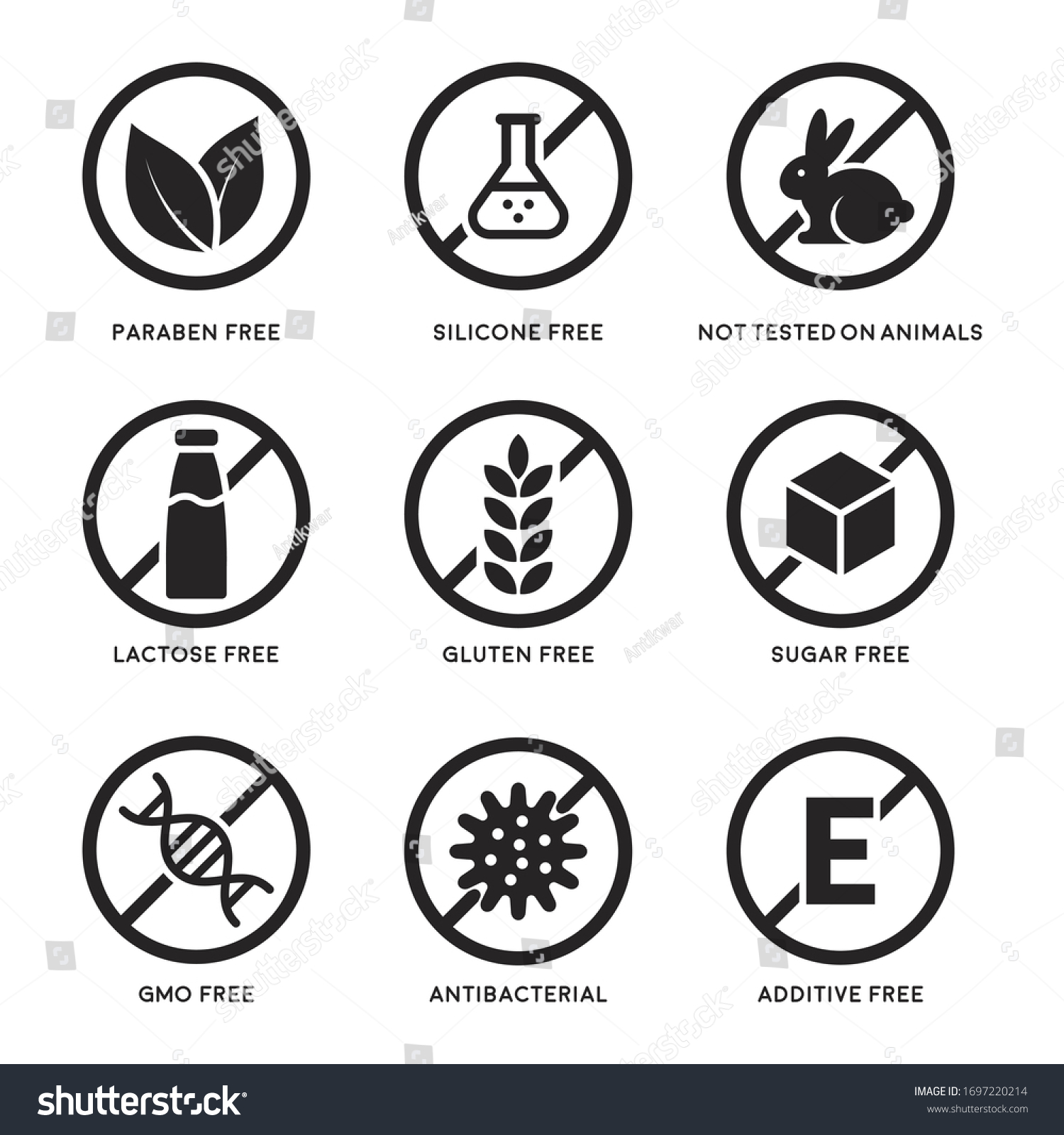 Set of icons Gluten Free, Lactose Free, GMO Free, Paraben, Food additive, Sugar free, Not Tested on Animals, Antibacterial, Silicone vector icons #1697220214