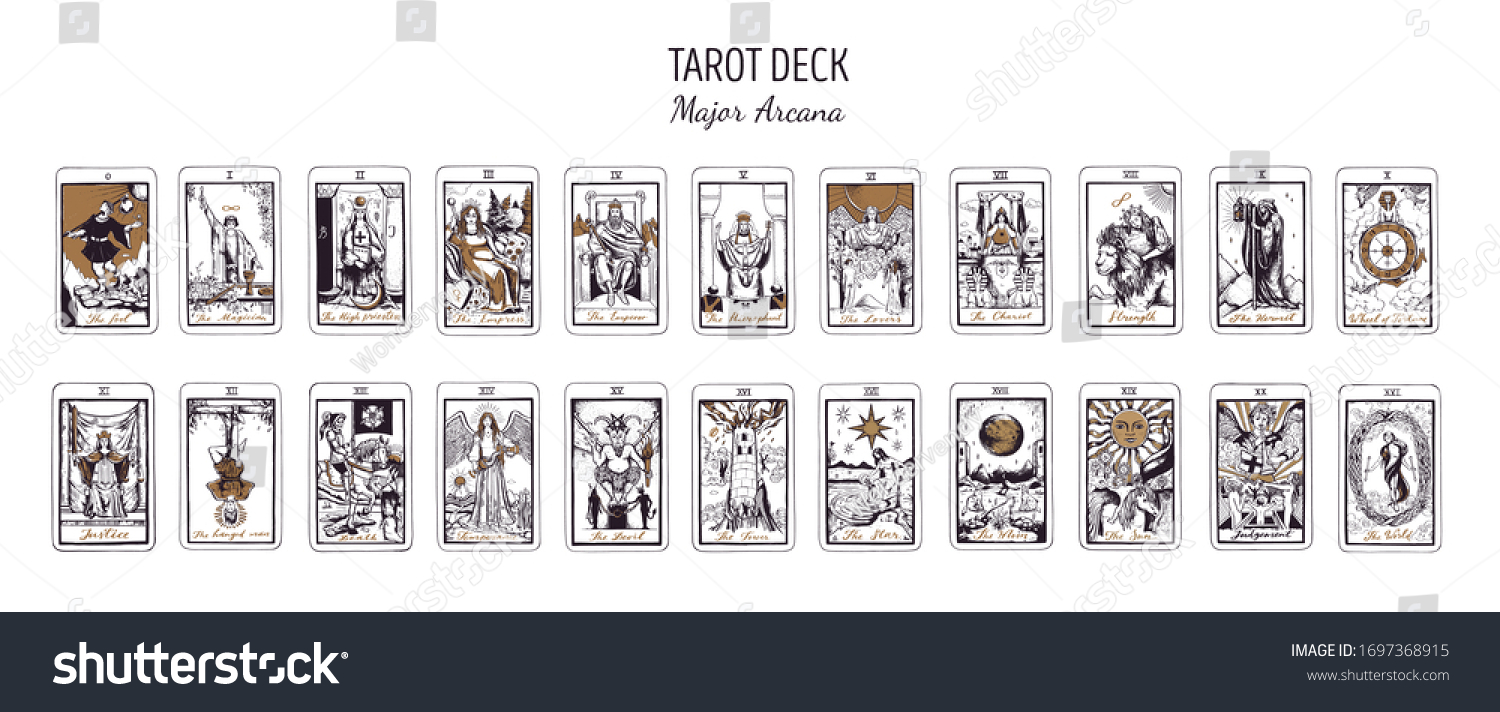 Big Tarot card deck.  Major arcana set part  . Vector hand drawn engraved style. Occult and alchemy symbolism. The fool, magician, high priestess, empress, emperor, lovers, hierophant, chariot #1697368915