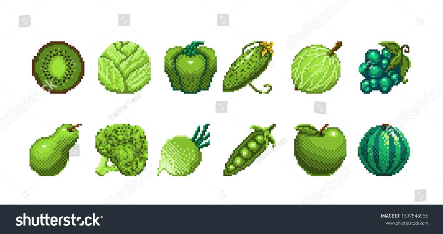 Set Of Pixel Art Green Vegetables And Fruits Royalty Free Stock Vector 1697548966 3340