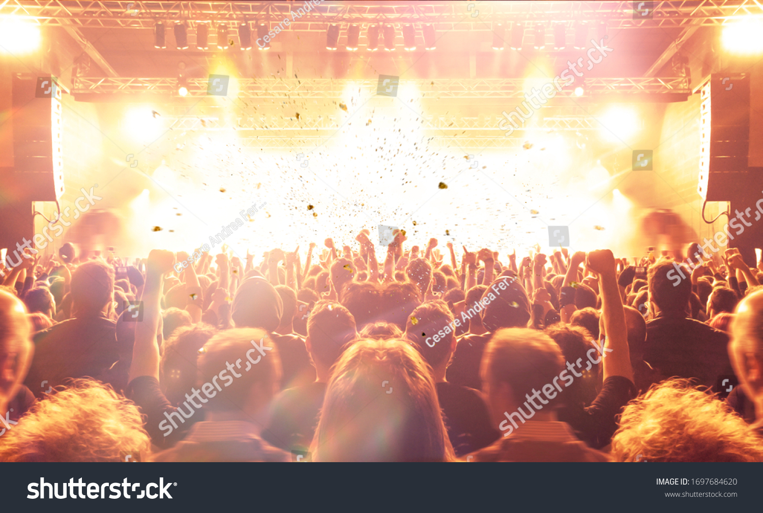 Music festival crowd,concert spectators in front of a bright stage with live music #1697684620