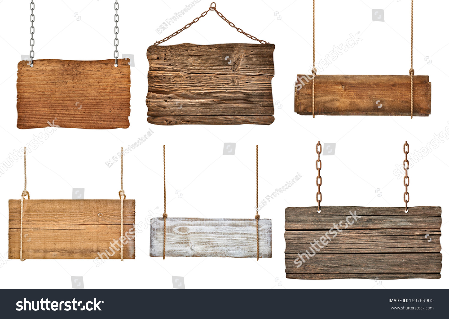 collection of various empty wooden signs hanging on a rope and chain on white background. each one is shot separately #169769900