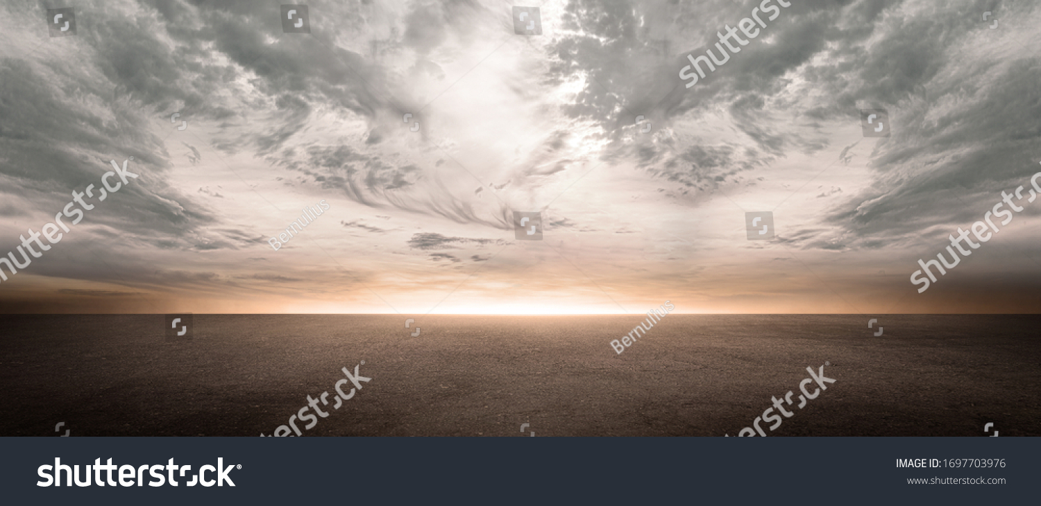 Dark Concrete Floor Background with Scenic Night Sky Horizon and Dramatic Clouds #1697703976