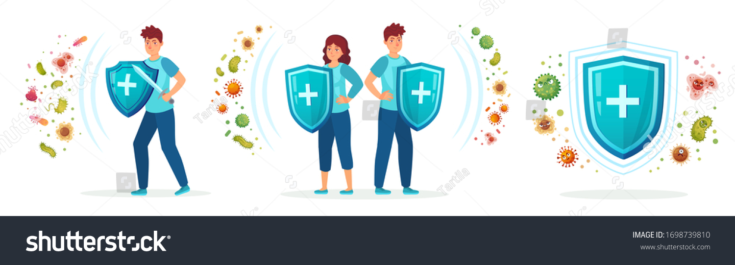 Virus germs and bacteria protection. Healthy immune system, adult man and woman protected from viruses and bacterias by immunity shield vector iilustration set. Person resistant and prevention disease #1698739810