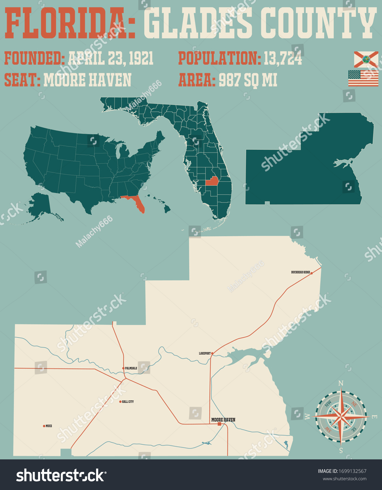 Large and detailed map of Glades county in - Royalty Free Stock Vector ...