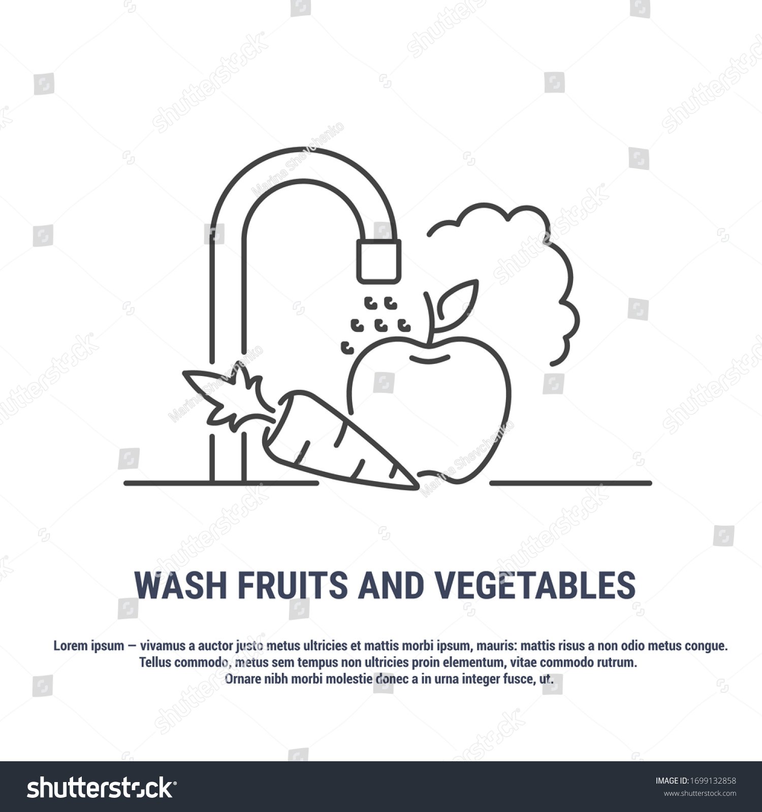 Vector graphic. Line, outline design icon on a white background. Food hygiene. Need to wash vegetables and fruits. Precautions. Disinfection of fruits and vegetables. Editable Stroke. Symbol, sign. #1699132858