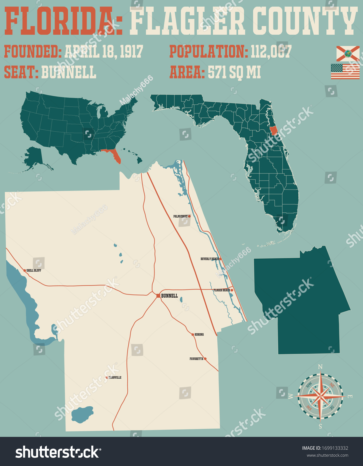 Large And Detailed Map Of Flagler County In - Royalty Free Stock Vector ...