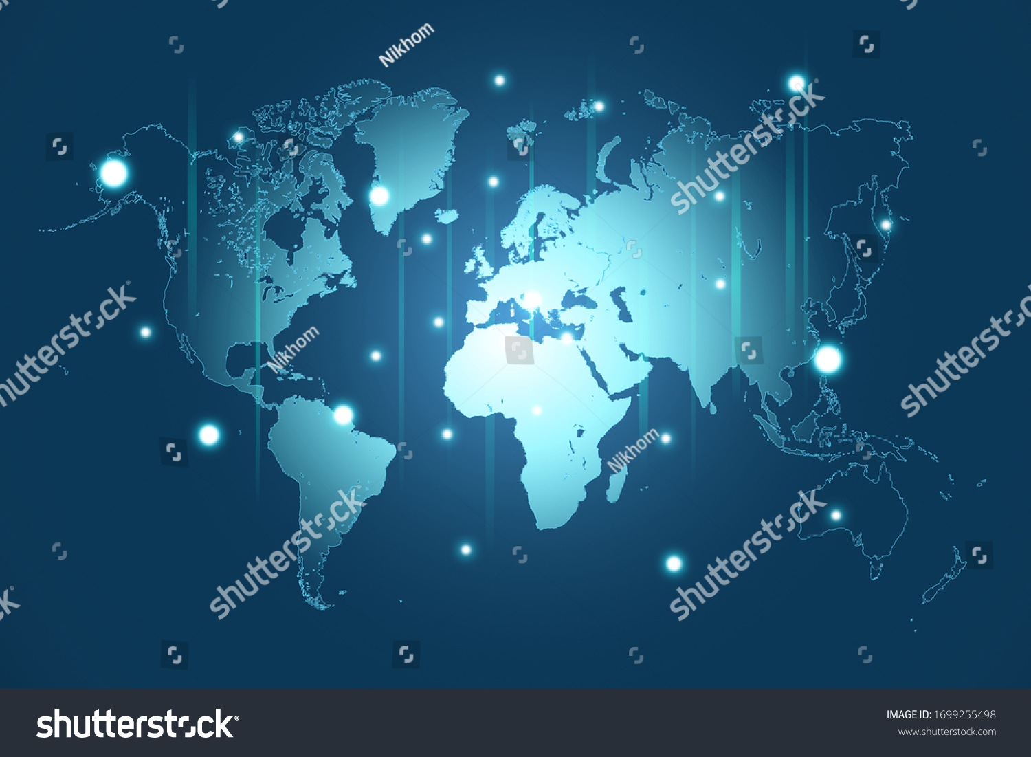 World map background with aurora light and bubble light. illustration. #1699255498