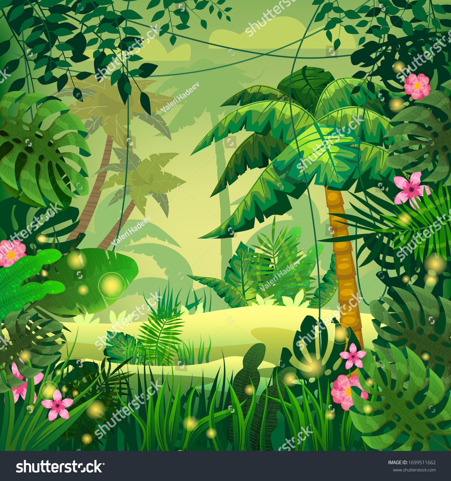 Jungle tropical forest palms different exotic plants leaves, flowers, lianas, flora, rainforest landscape background. For design game, apps, banners, prints. Vector illustration isolated #1699511662