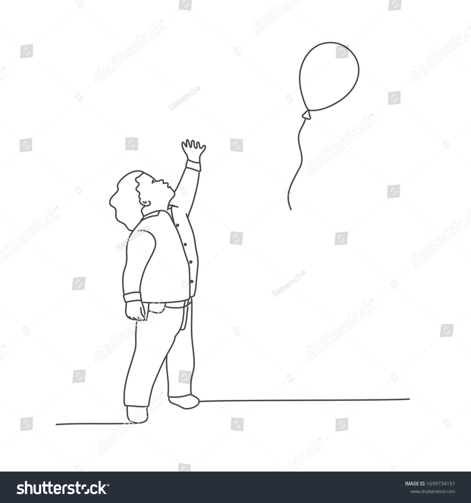 Little boy reaches for a balloon. Line drawing - Royalty Free Stock ...