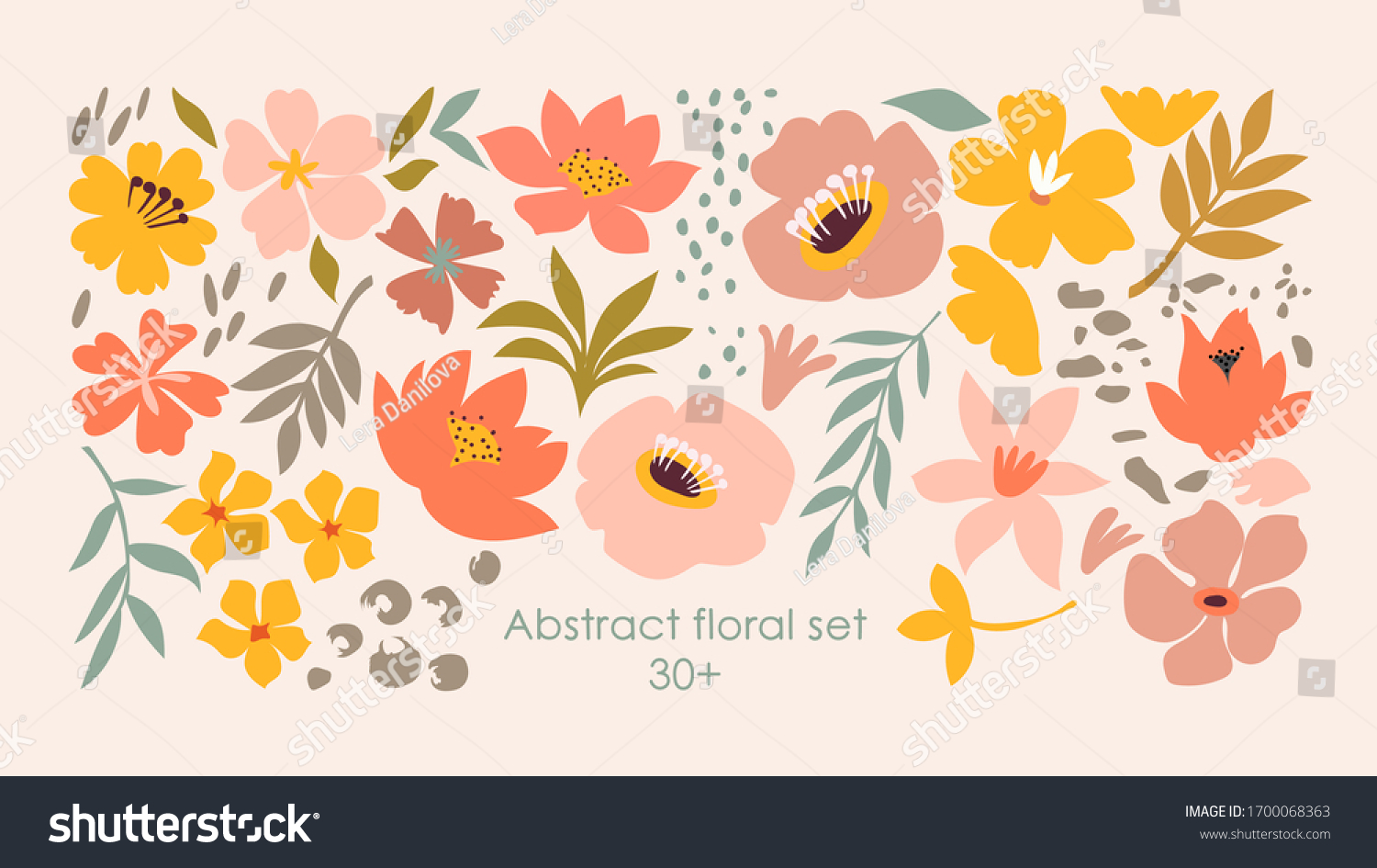 Set of hand drawn shapes and doodle design elements. Exotic jungle leaves, flowers and plants. Abstract contemporary modern trendy vector illustration. Perfect for posters, instagram posts, stickers. #1700068363