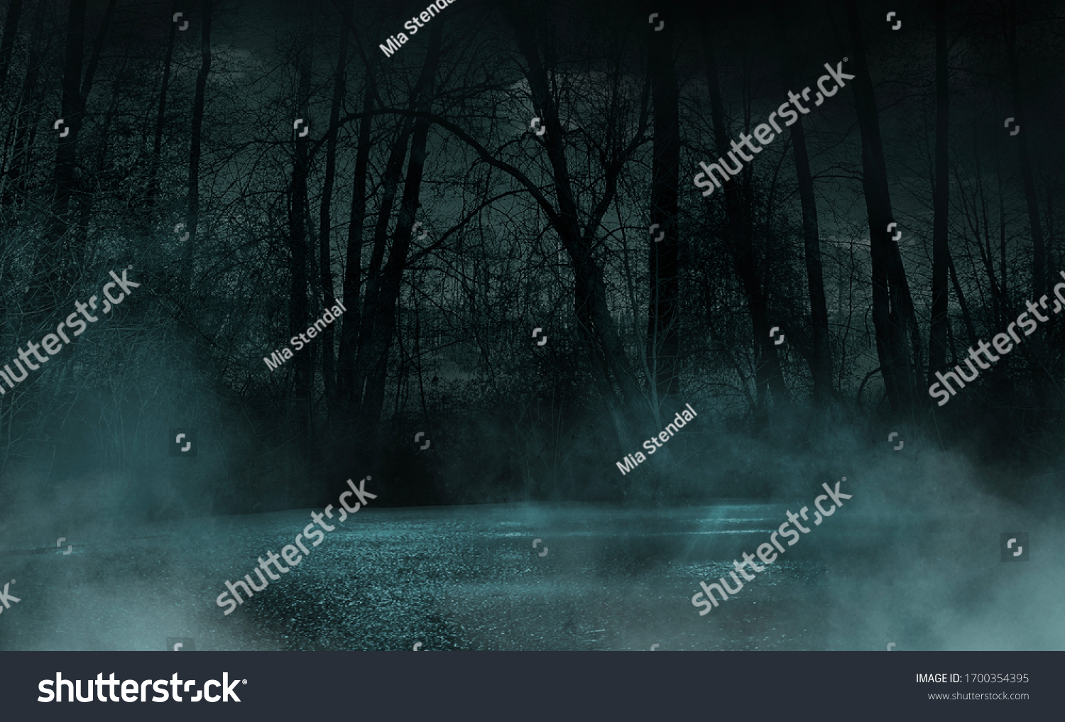 Dark gloomy forest. Night in the forest. Nature scene with forest and moonlight. Night view of the forest, nature, fog, smog, smoke. #1700354395
