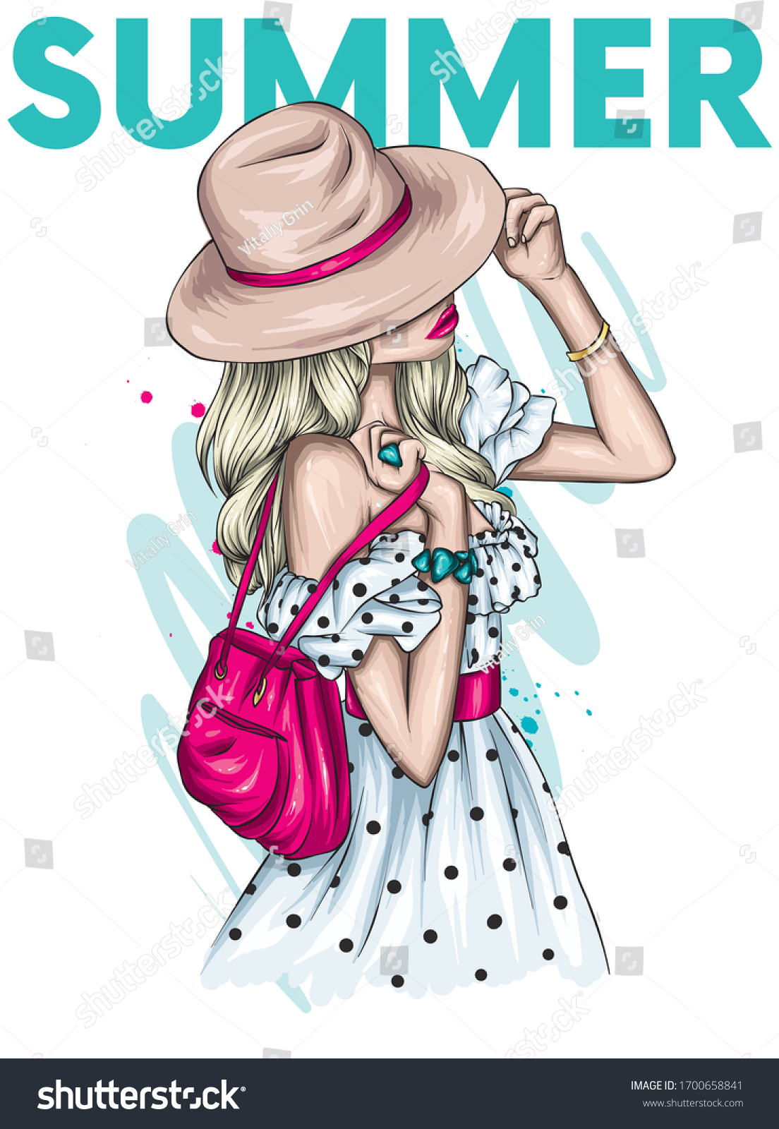 Beautiful girl in a stylish summer dress and hat - Royalty Free Stock ...