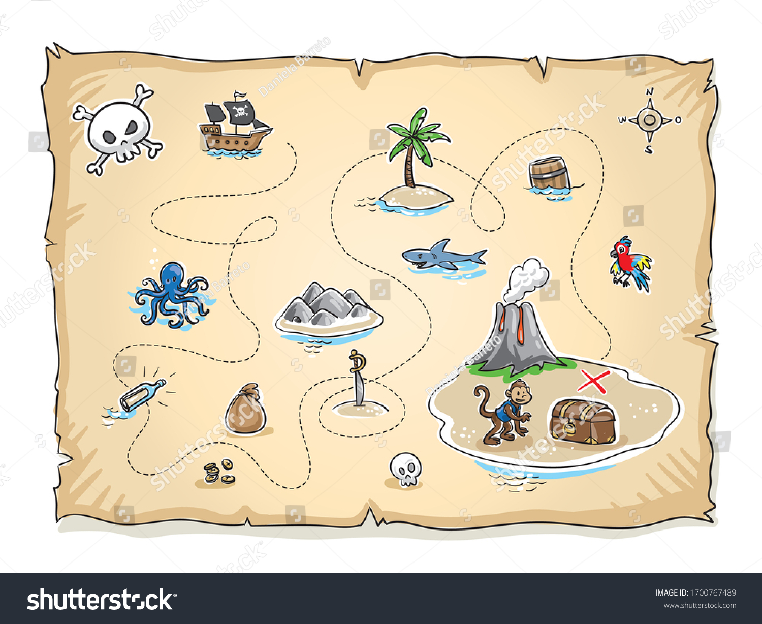 Cute pirate's treasure map with lots of icons and volcano island with treasure chest. Hand drawn cartoon sketch vector illustration, flat style coloring.  #1700767489