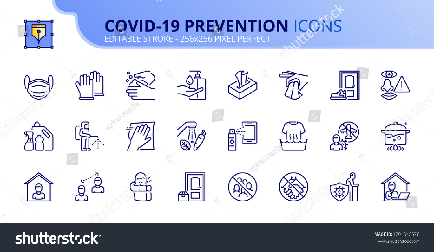 Outline icons about Coronavirus prevention.  Clean and disinfect, sanitizer products, wash your hands, wear mask and social distancing. Editable stroke. Vector - 256x256 pixel perfect. #1701046576