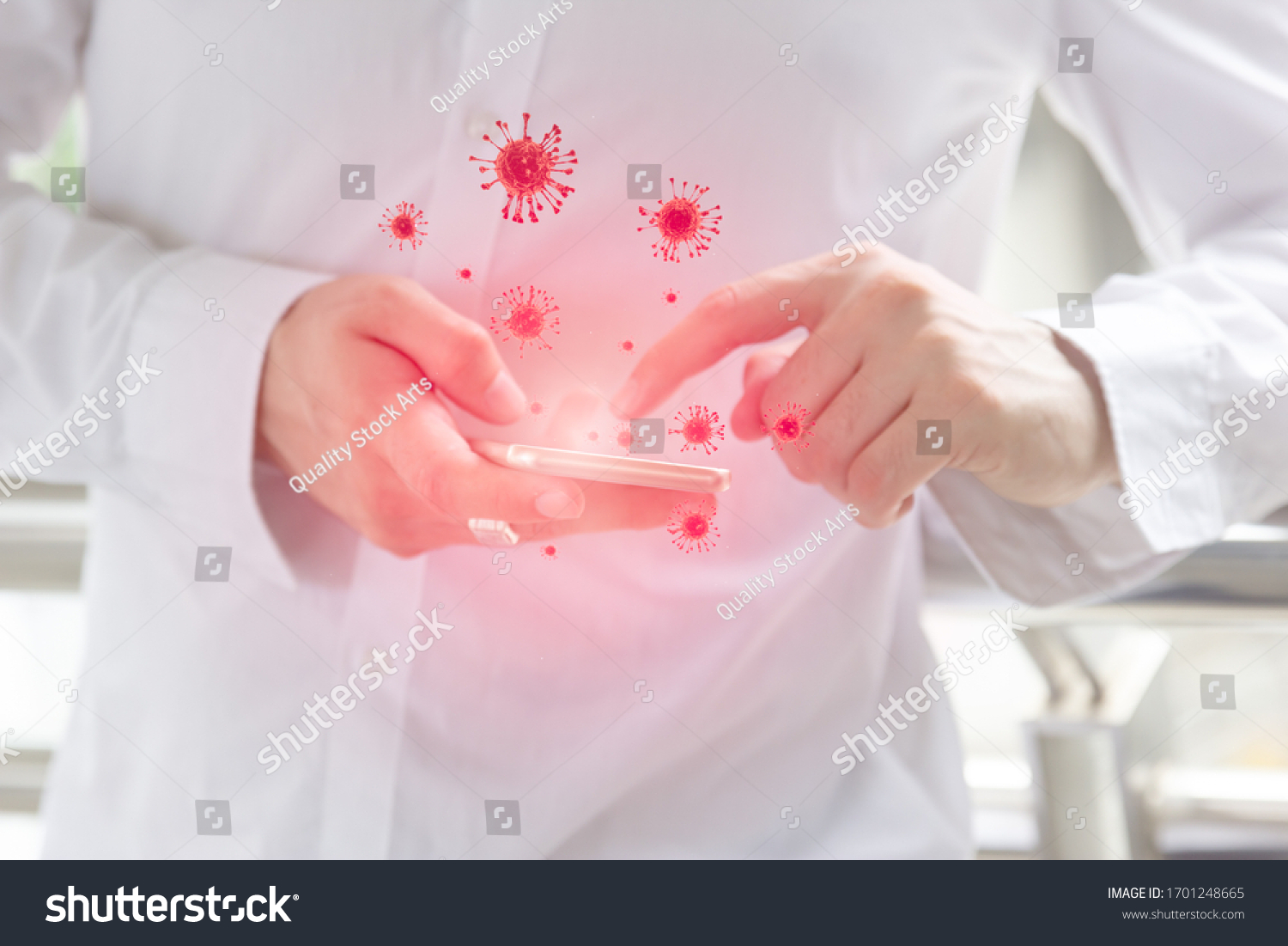 Dirty phones can spread Coronavirus, Closeup finger using smartphone touchscreen transfer dirty virus infected to hand. #1701248665
