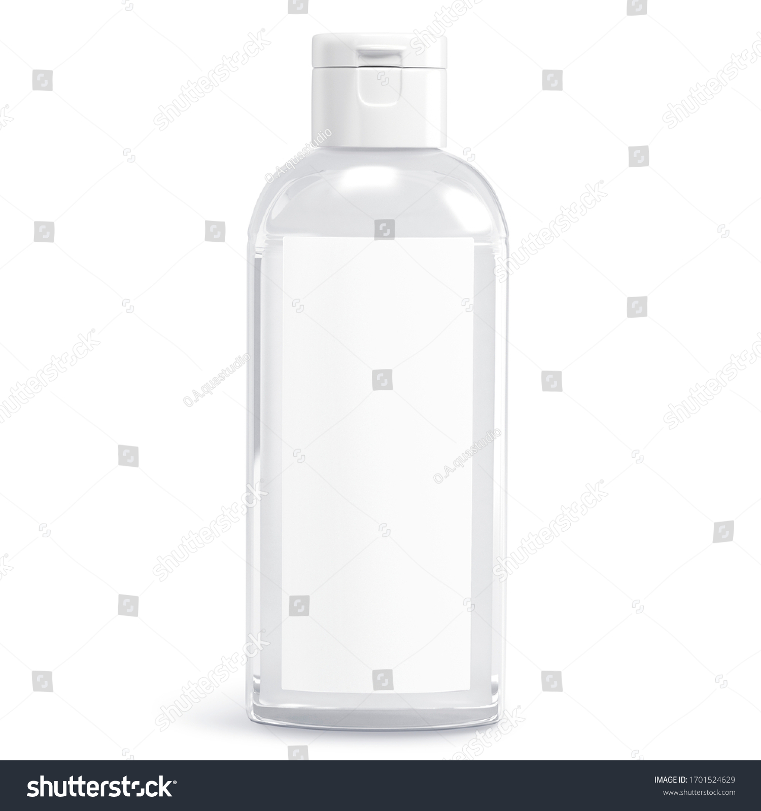 Сlear white cosmetic bottle isolated on white background. Hand sanitizer bottle. Antimicrobial liquid gel. Hand hygiene. Shampoo bottle. 3D rendering #1701524629