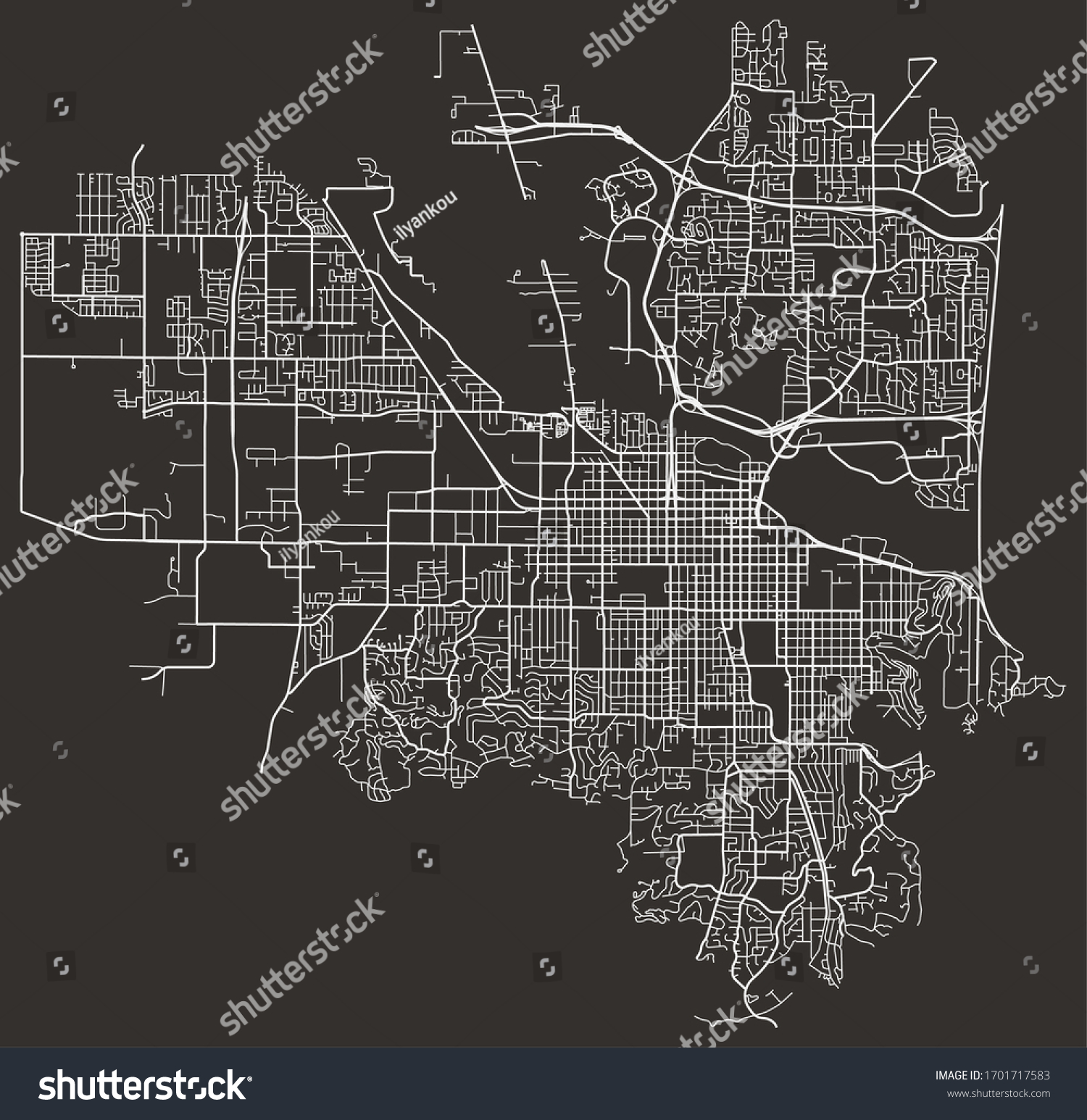 Road street urban black and white map of Eugene, - Royalty Free Stock ...