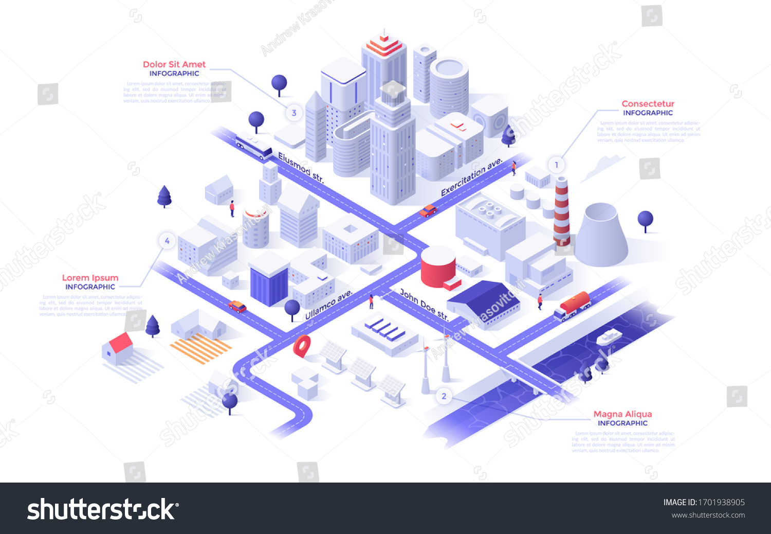 Isometric map of metropolis city with paper white downtown skyscrapers, suburban houses, industrial buildings, power plants, streets, river, bridge. Infographic design template. Vector illustration.
