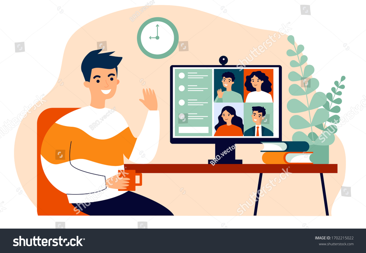 Worker using computer for collective virtual meeting and group video conference. Man at desktop chatting with friends online. Vector illustration for videoconference, remote work, technology concept #1702215022