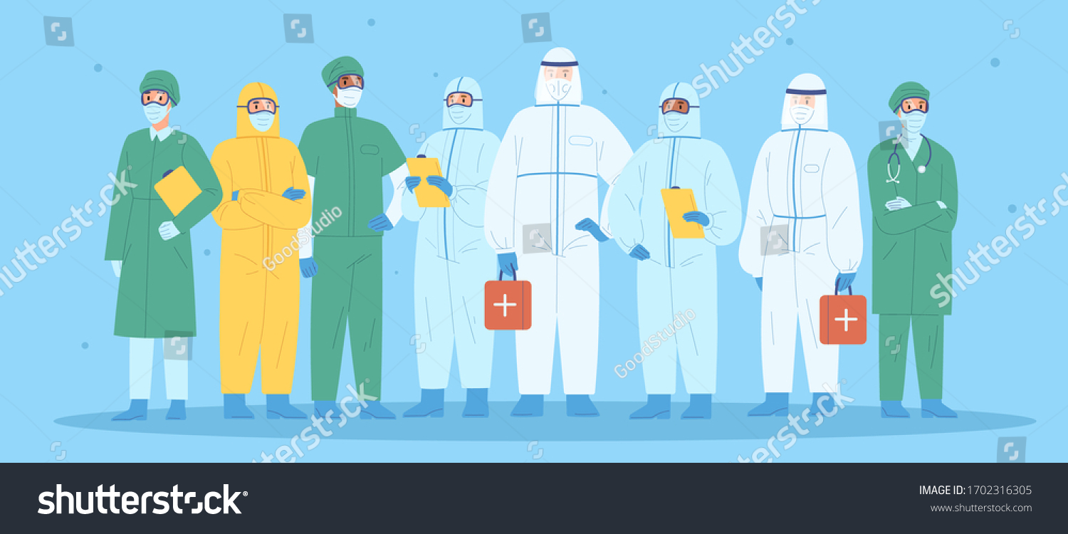 Group of medical workers in personal protective equipment. Physicians, nurses, paramedics, surgeons in workwear. Hospital team standing together wearing uniform or protection suit. Vector illustration #1702316305