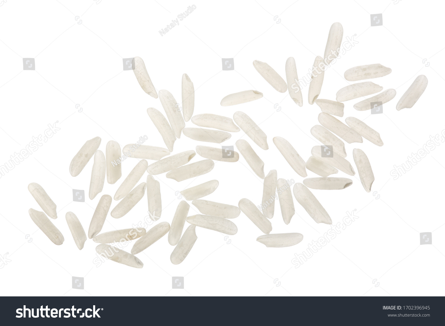 rice grains isolated on white background. Top view. Flat lay #1702396945